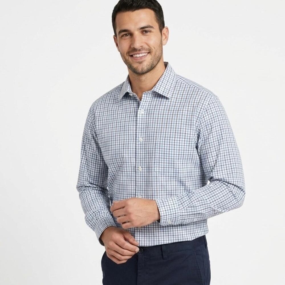 Geoffrey Beene Men’s Dress Shirt 34/35 Checked Blue Gray Button Up Classic Fit